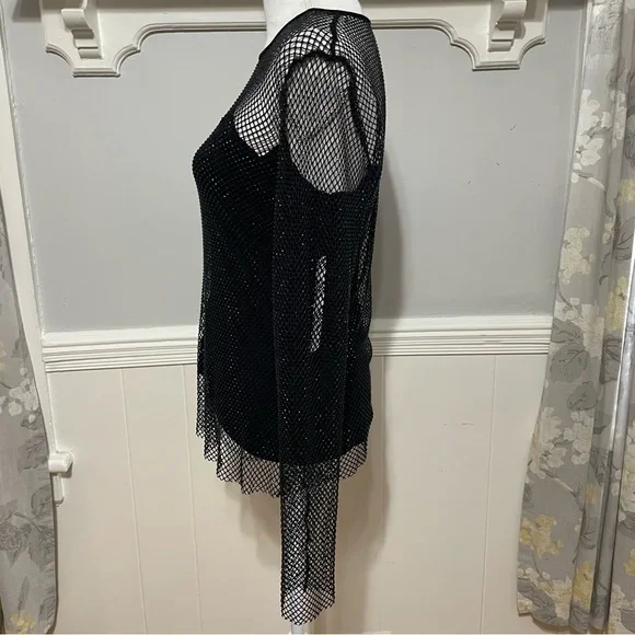 Aqua Crystal Mesh Long Sleeve Top in Black Size L (NWT) - Picture 3 of 7